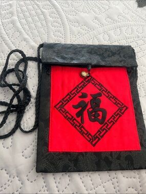 Embroidered Red & Black Silk Crossbody Pouch